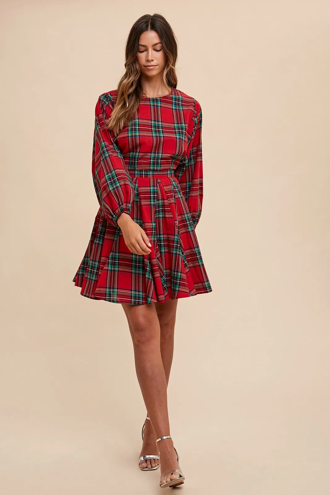 PLAID PRINTED A LINE MINI WOVEN DRESS