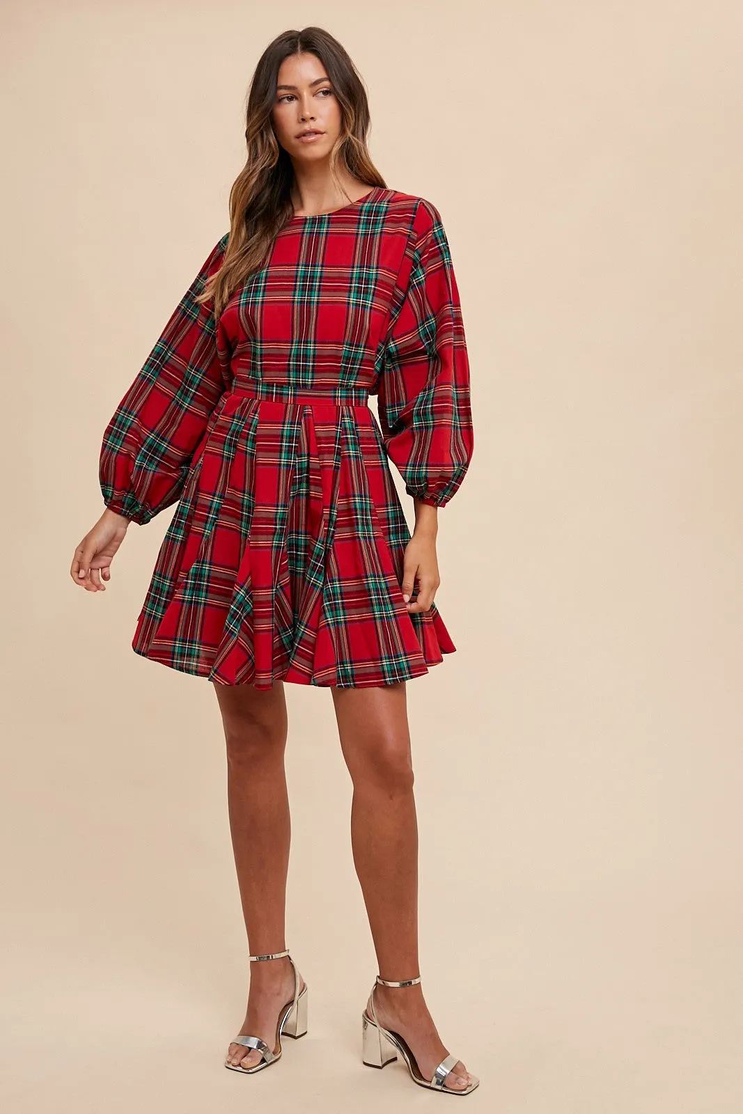 PLAID PRINTED A LINE MINI WOVEN DRESS