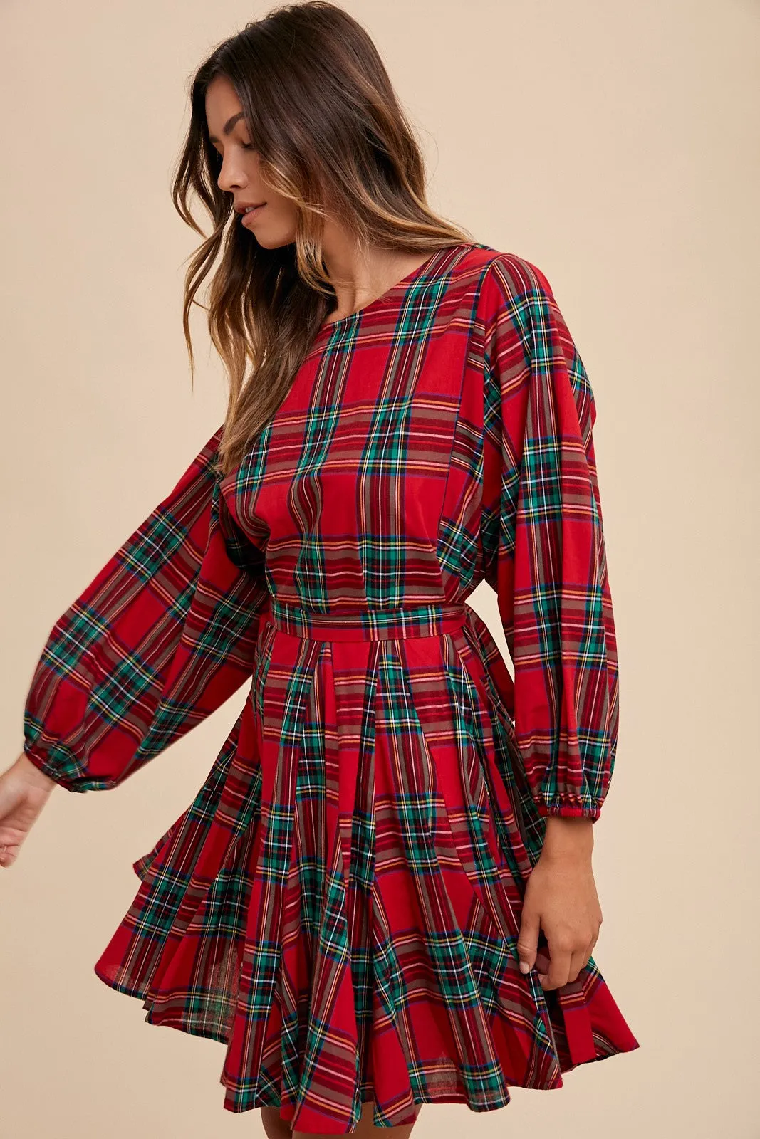 PLAID PRINTED A LINE MINI WOVEN DRESS