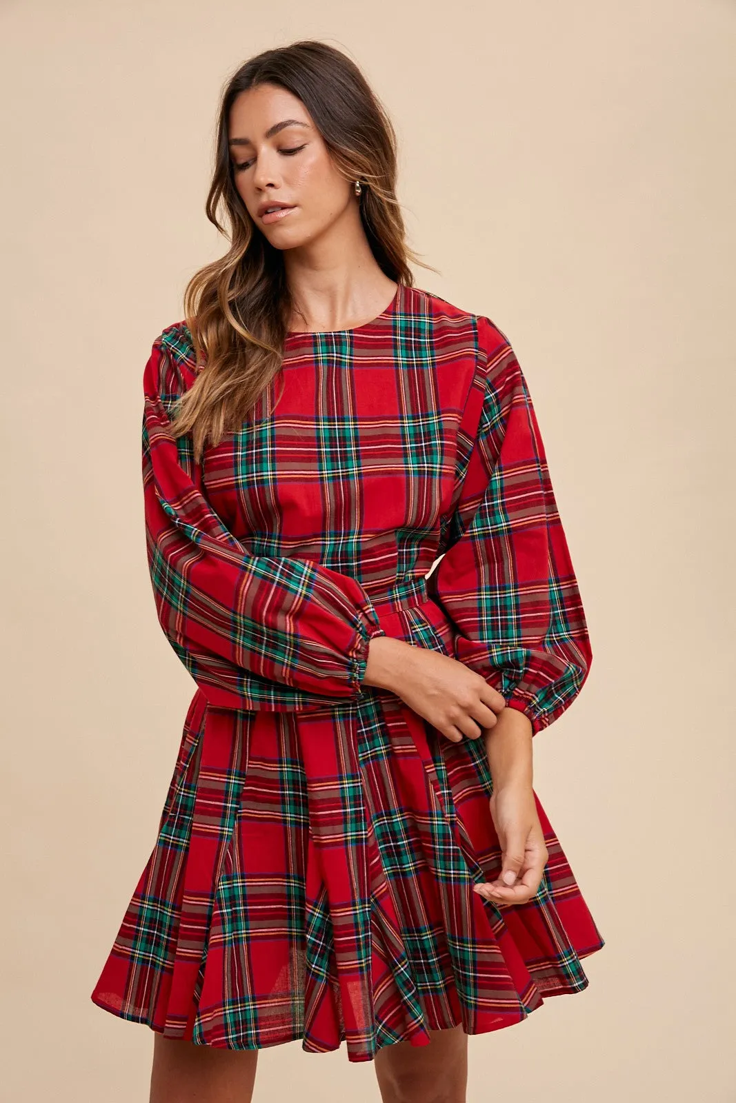 PLAID PRINTED A LINE MINI WOVEN DRESS