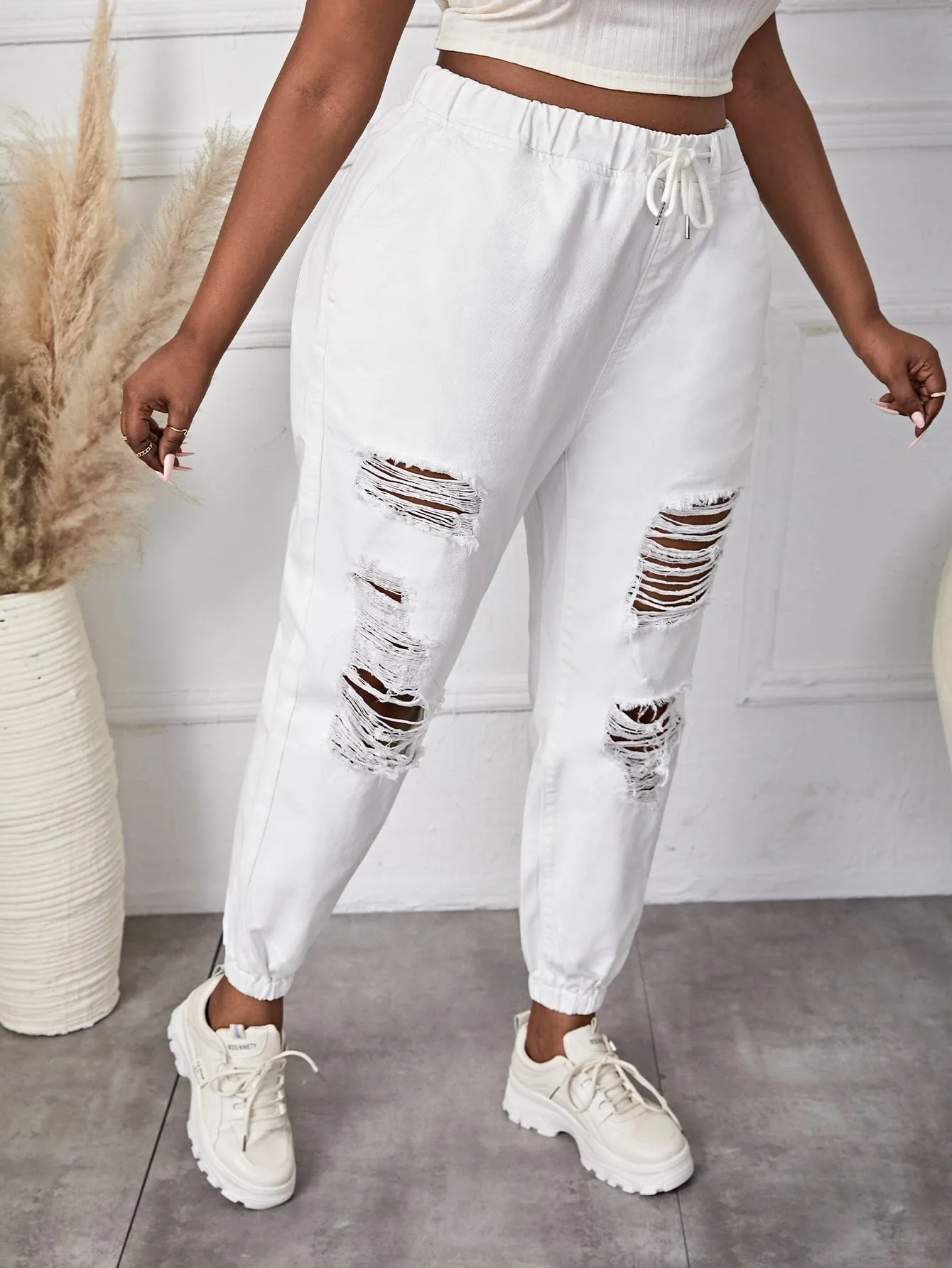 Plain Ripped High Waist Cropped Plus Size Jeans