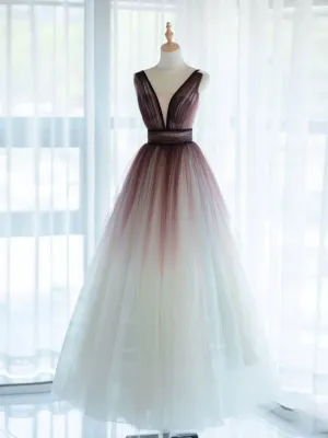 Plunge V Neck Tulle Romantic Formal Dress Ombre Prom Dress