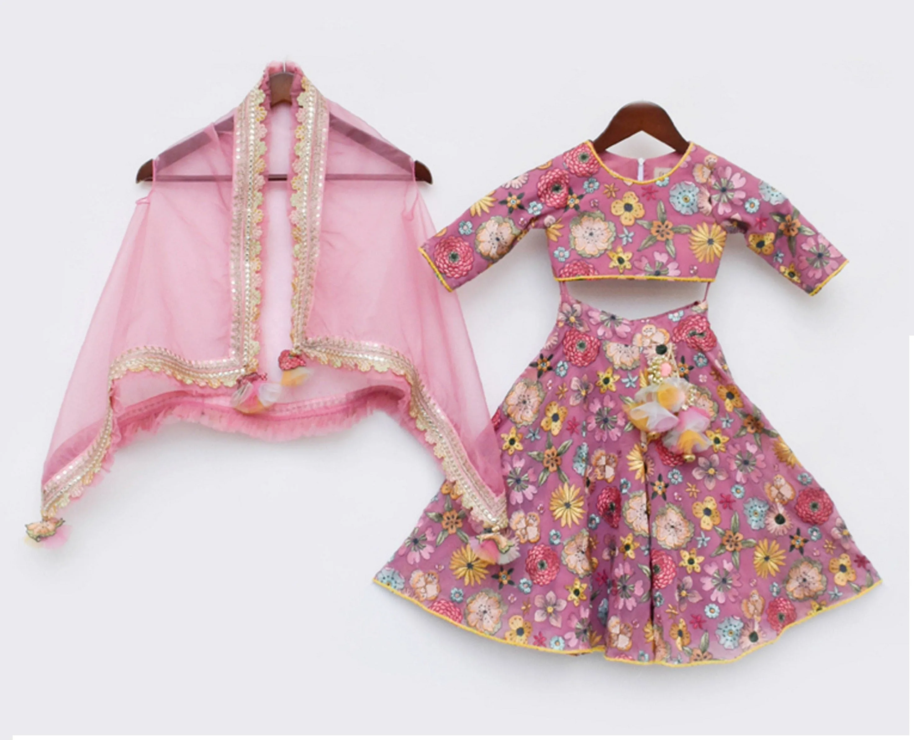Pre-Order: Pink Embroidery Flaired Pant With Organza Cape