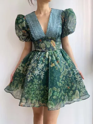 Puffy Sleeves Lace V Neck Floral Cottagecore Mini Dress