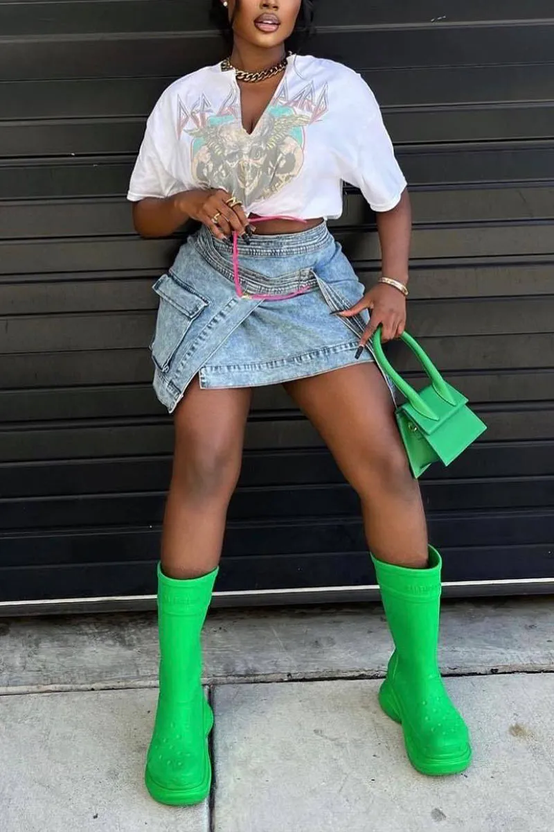 QD666 Belted 3D Pocket Denim Mini Skirt