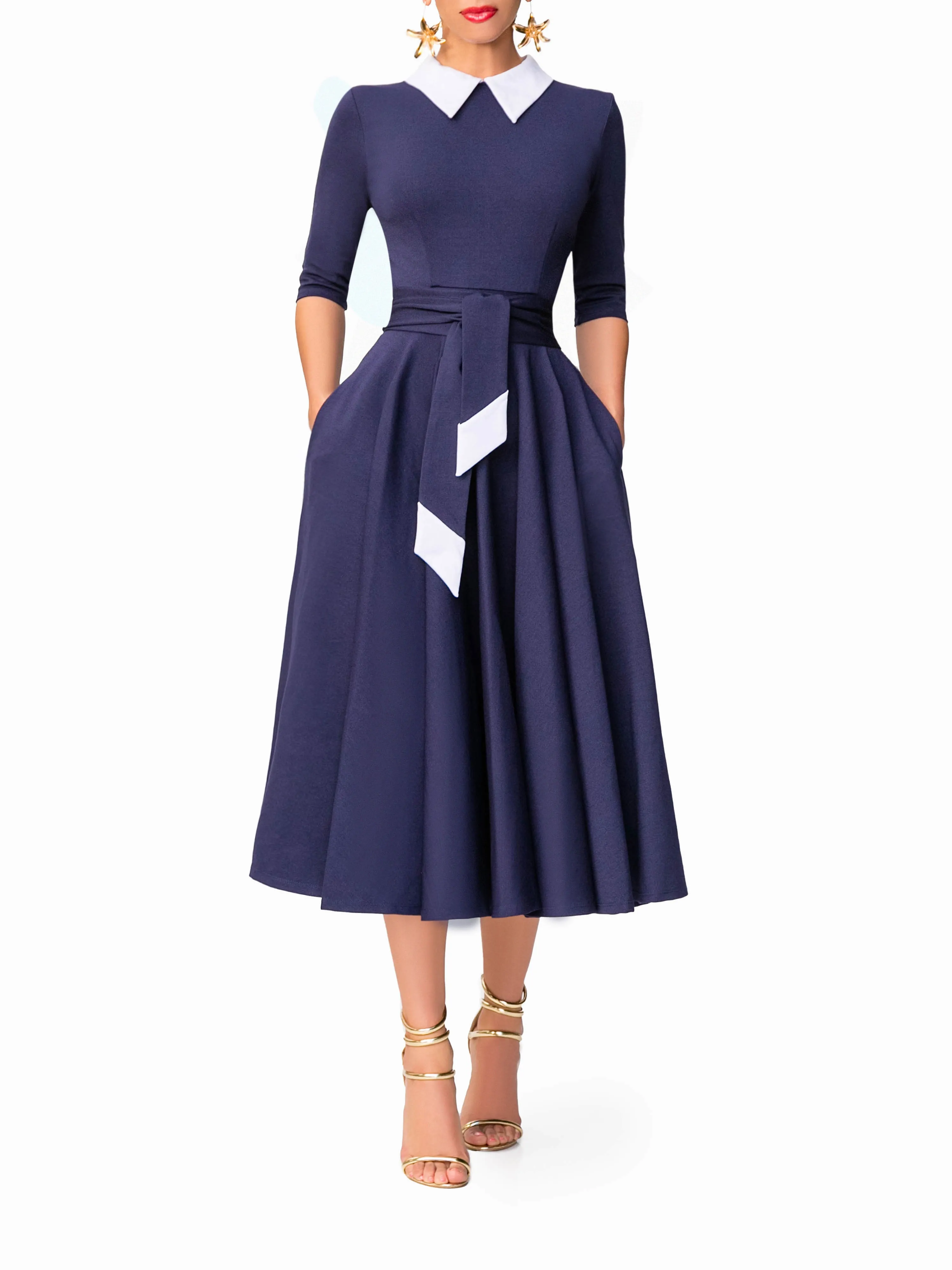 "Joan" Navy 50s Midi Dress