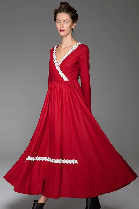 Red wool dress women maxi winter dress 1444