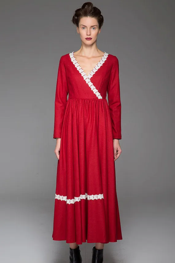 Red wool dress women maxi winter dress 1444