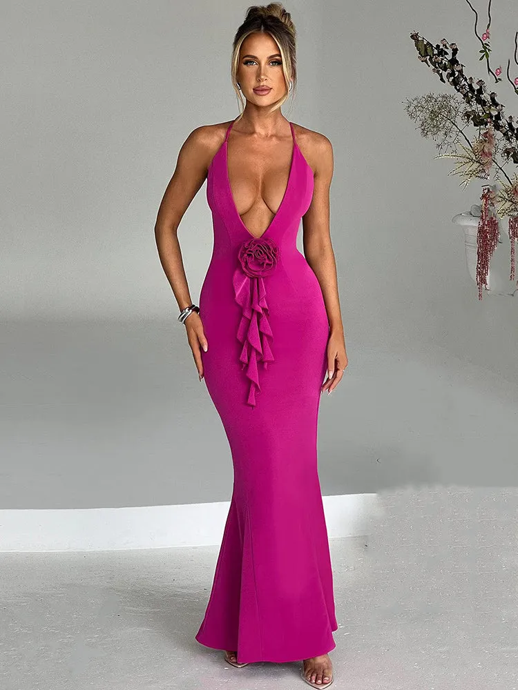 Renee Flower Deep V Neck Sexy Maxi Dress