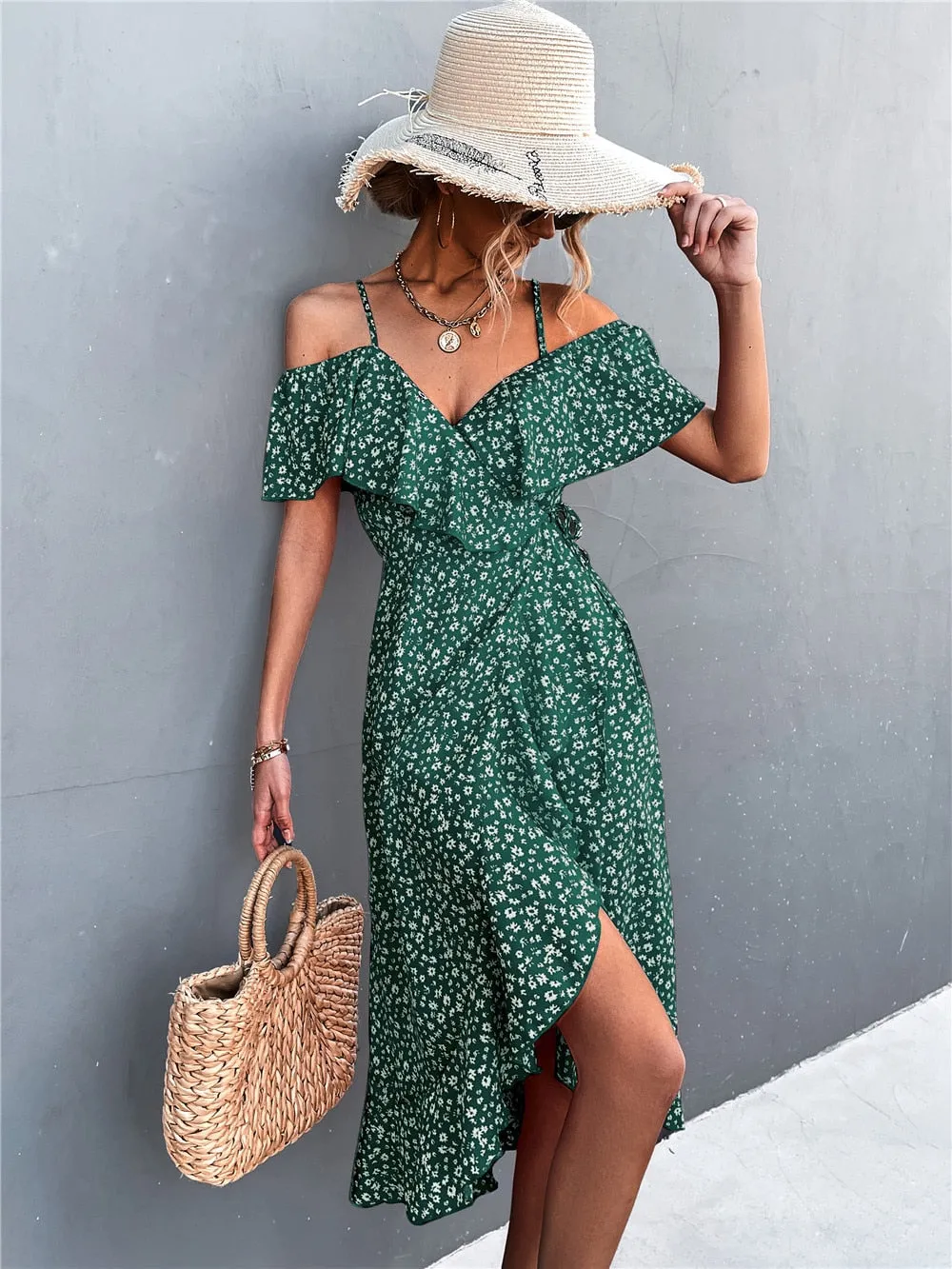 Rita Floral Backless Ruffle Slit Midi Dress