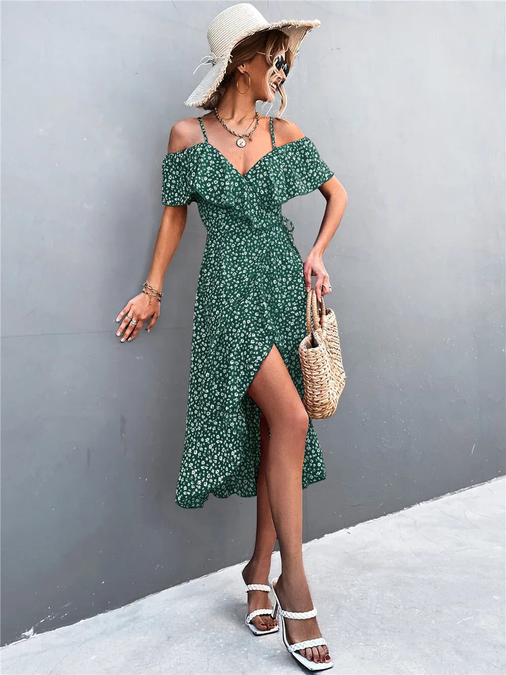 Rita Floral Backless Ruffle Slit Midi Dress