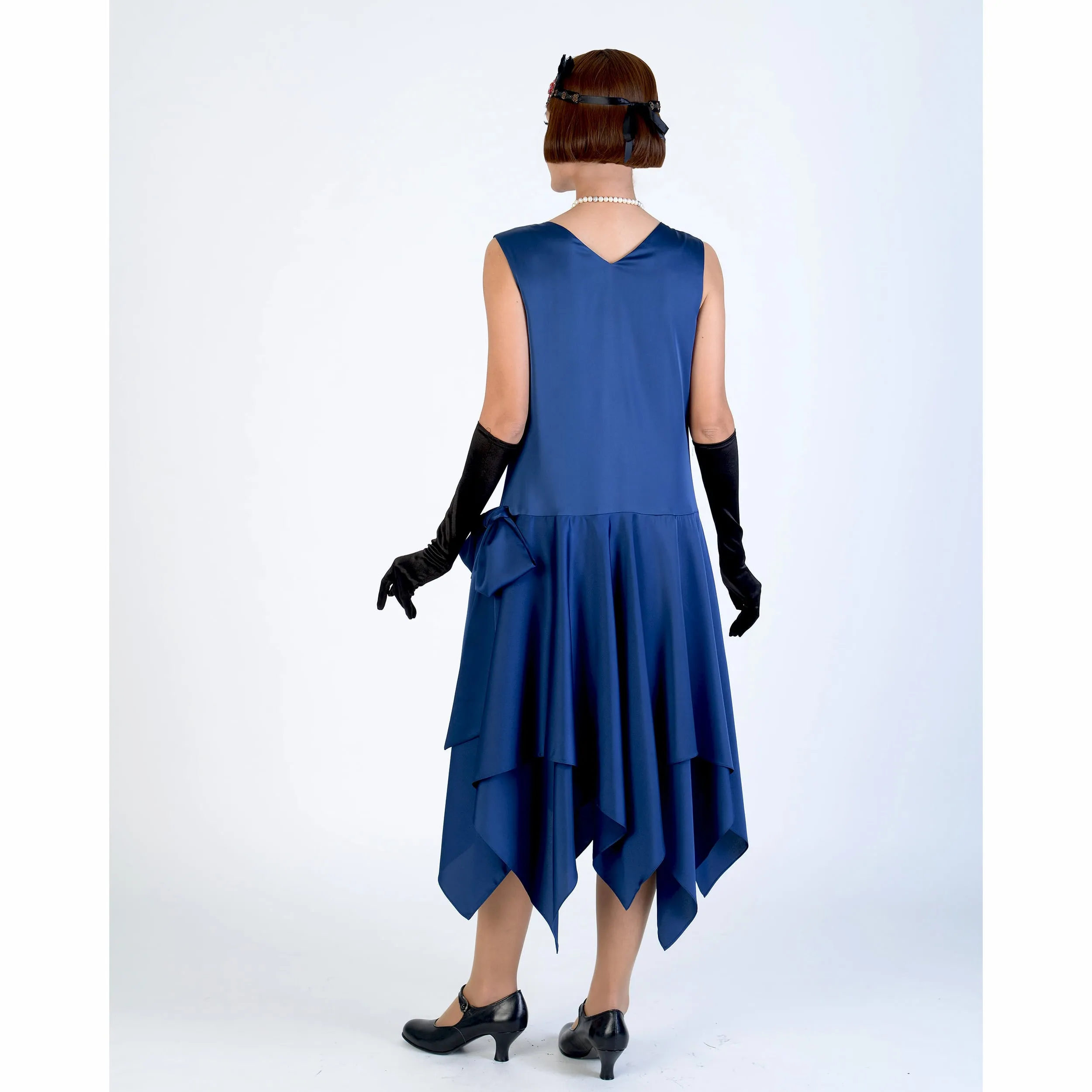 Roaring 20s satin dress in dark blue with handkerchief hemline