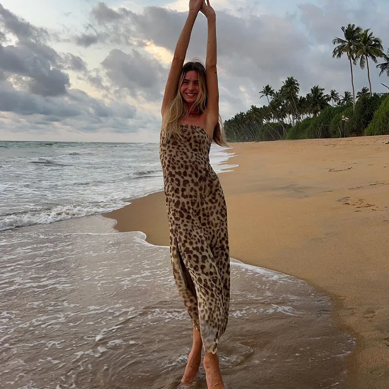 Ruby Vintage Leopard Print Sexy Straps Long Dress