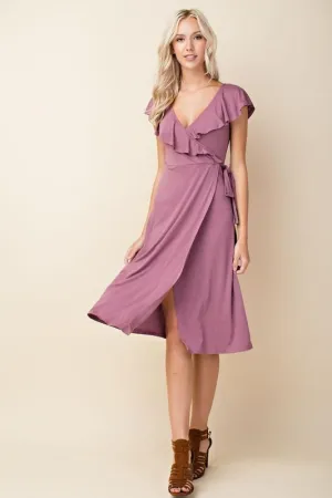 Ruffle Wrap Midi Dress in Plum