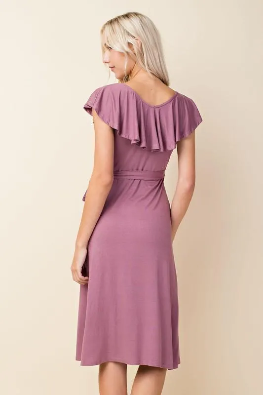 Ruffle Wrap Midi Dress in Plum