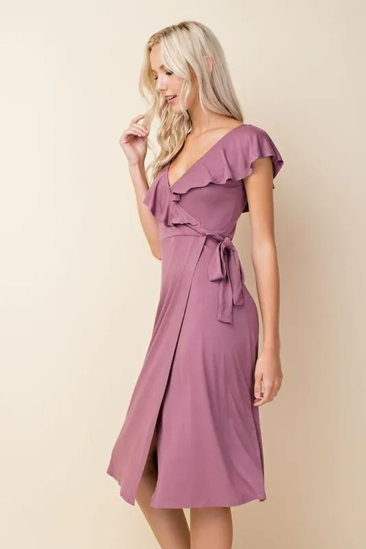 Ruffle Wrap Midi Dress in Plum