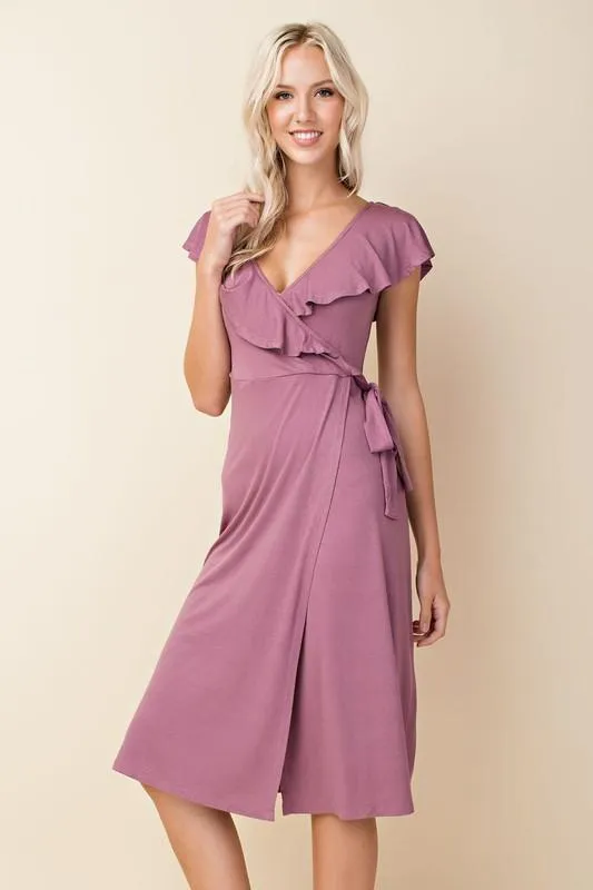 Ruffle Wrap Midi Dress in Plum