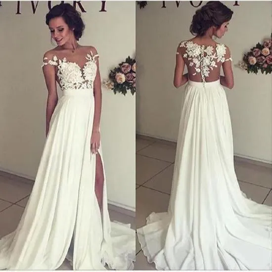 See-through Short Sleeve Lace Appliqued Long Beach Wedding Dress,Ivory Chiffon Bridal Dress,N234