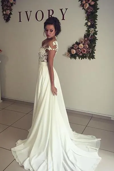 See-through Short Sleeve Lace Appliqued Long Beach Wedding Dress,Ivory Chiffon Bridal Dress,N234