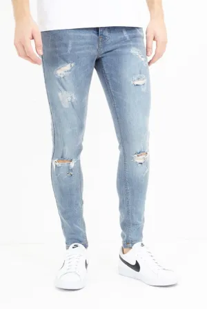 SKINNY FIT MID BLUE WASH RIPPED JEANS
