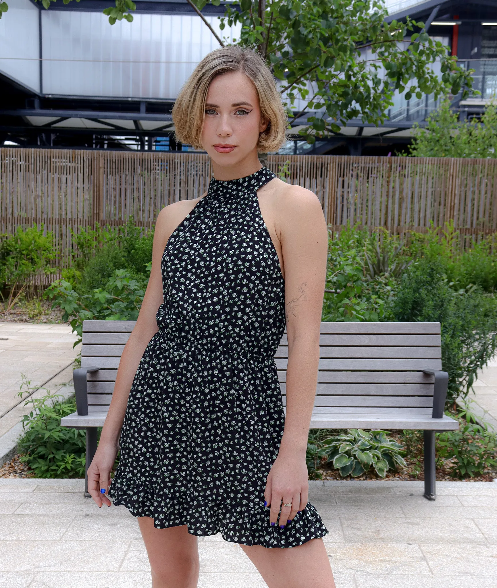 Sleeveless Tie Waist Mini Dress in Black Floral | Jodi