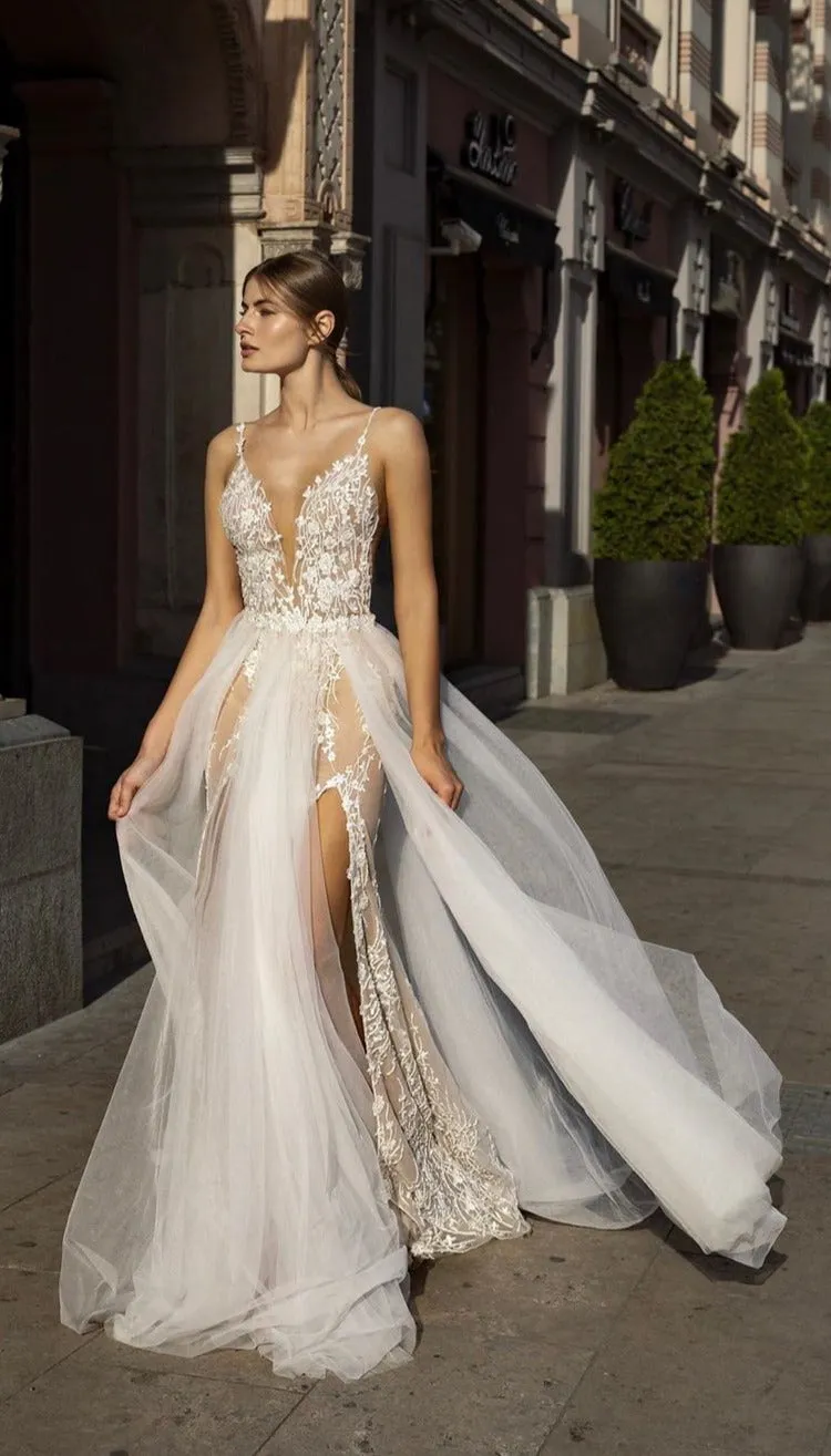Spaghetti Straps Boho Lace Wedding Dress