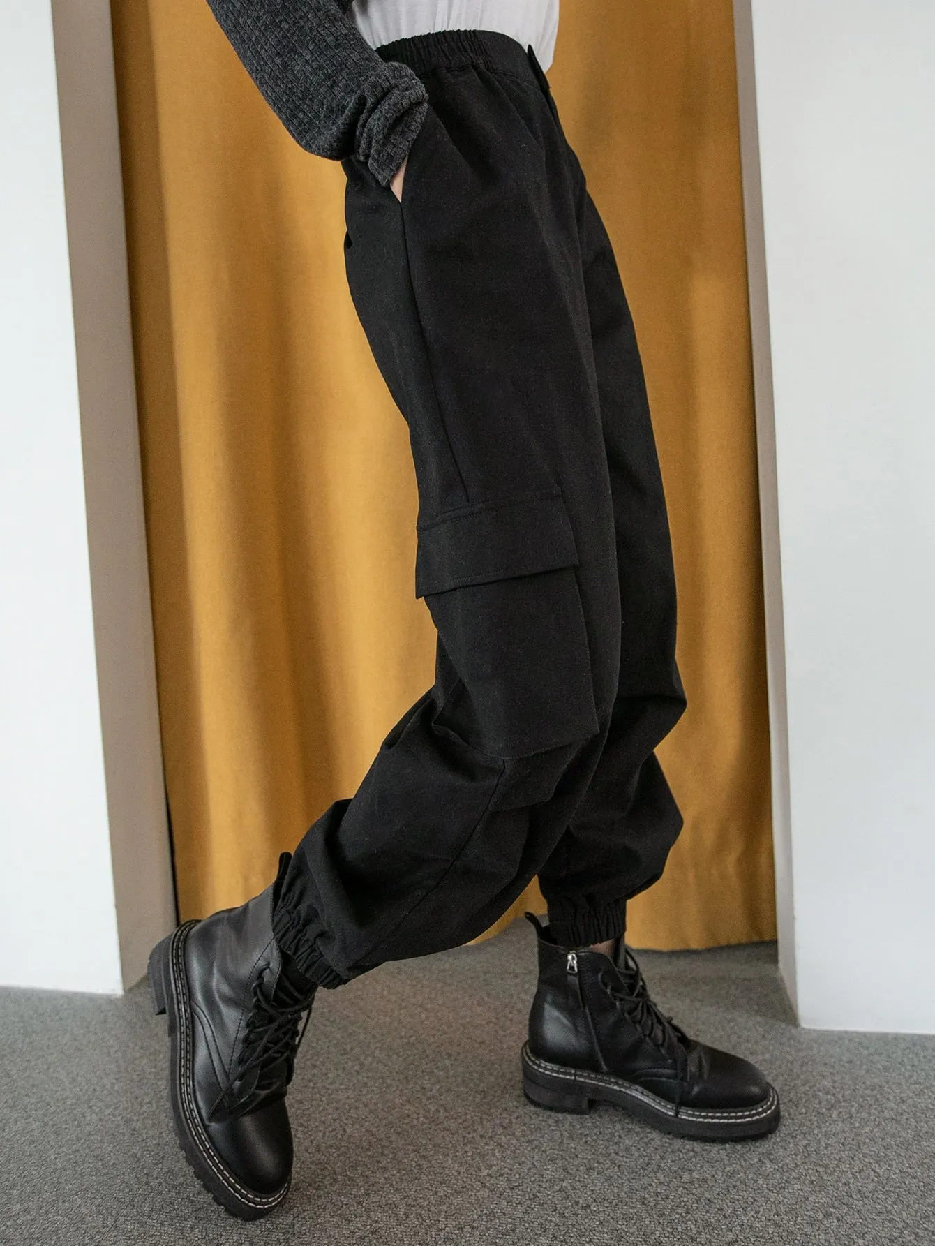 Sporty Plain Pocket High Waist Long Women Pants