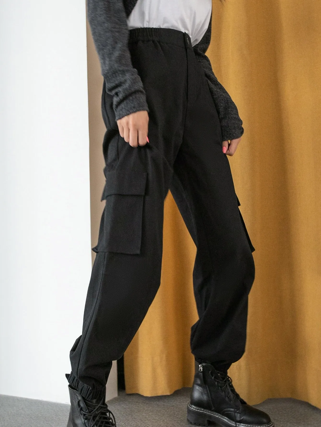 Sporty Plain Pocket High Waist Long Women Pants