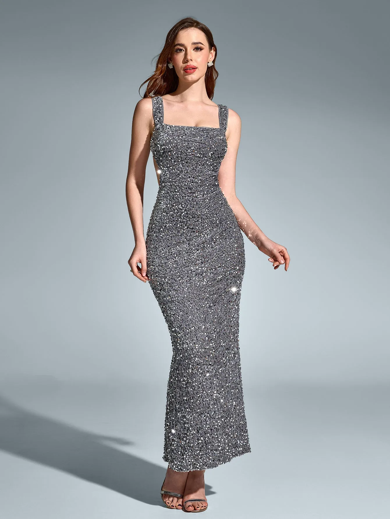 Square Neck Cut Out Split Hem Sequin Dress
