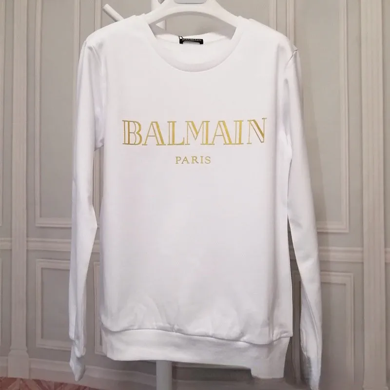 T Shirt Balmain Autumn and Winter Sweater Cotton Wool Loop Head Long Sleeve T-shirt Black and White Gilding Letters