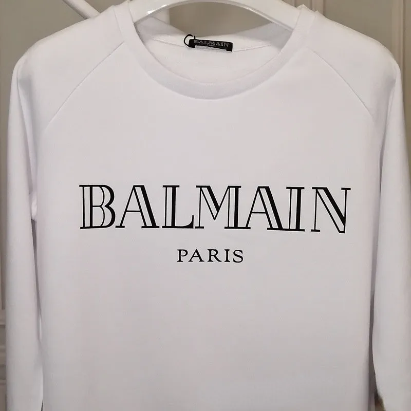 T Shirt Balmain Autumn and Winter Sweater Cotton Wool Loop Head Long Sleeve T-shirt Black and White Gilding Letters