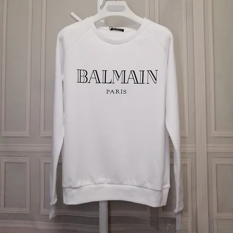 T Shirt Balmain Autumn and Winter Sweater Cotton Wool Loop Head Long Sleeve T-shirt Black and White Gilding Letters