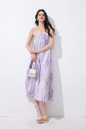 Tie Dye Pleated Spaghetti Strap Beach Dress