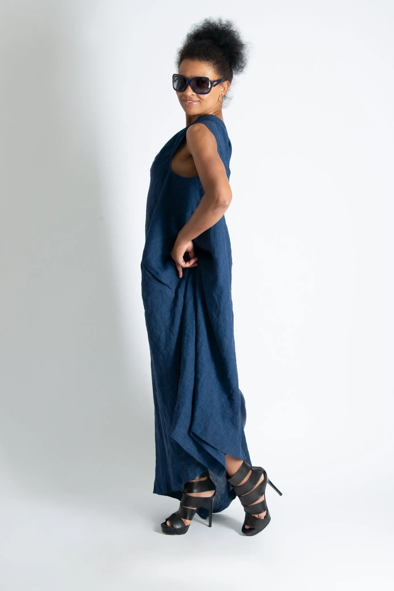 TIFFANY Navy Blue Linen Dress With One Shoulder