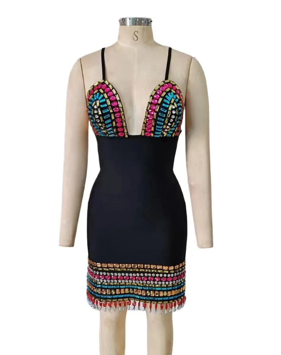 Trend4us Women's Glamorous Beaded Crystal Plunge Mini Dress