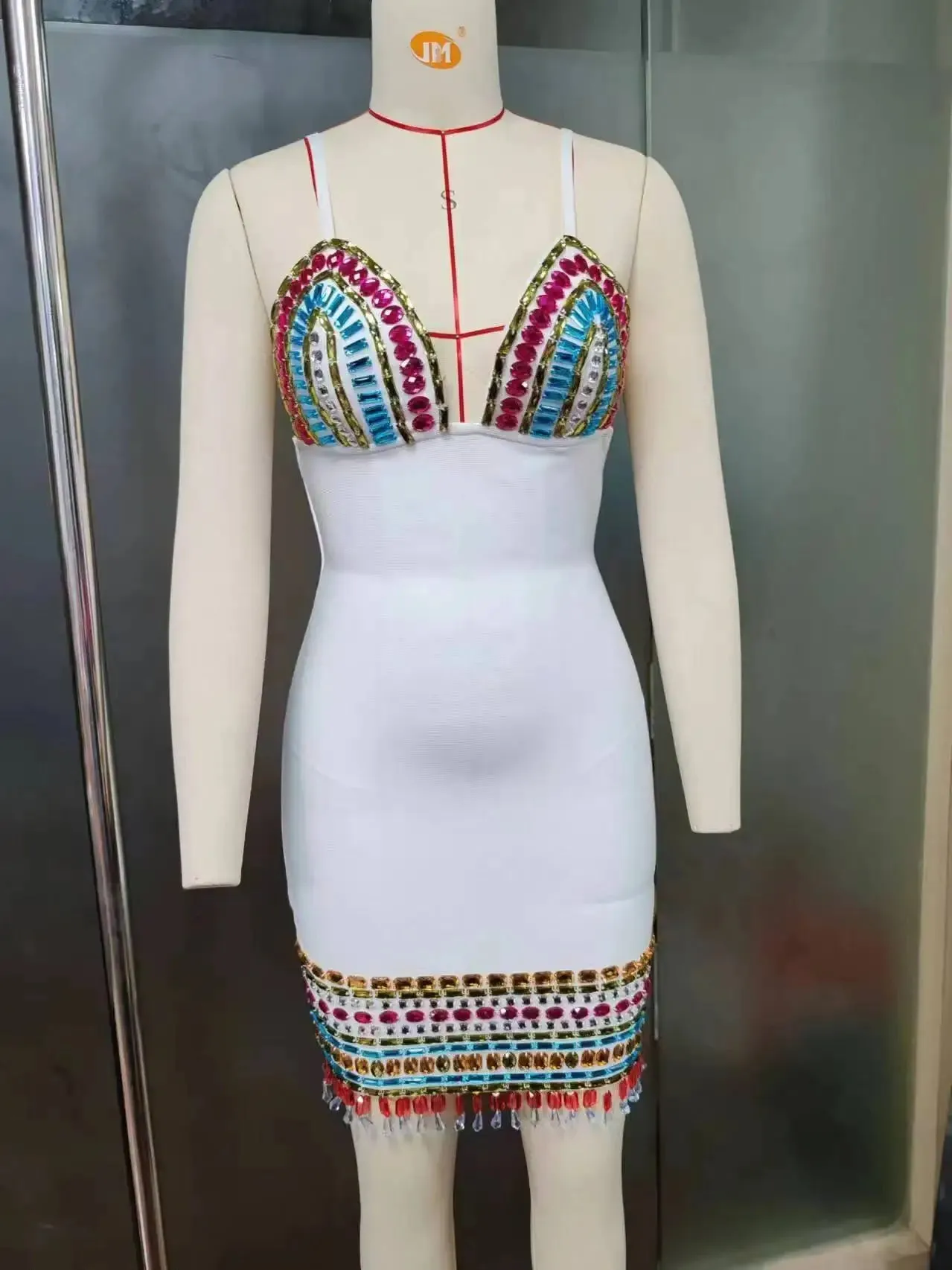 Trend4us Women's Glamorous Beaded Crystal Plunge Mini Dress