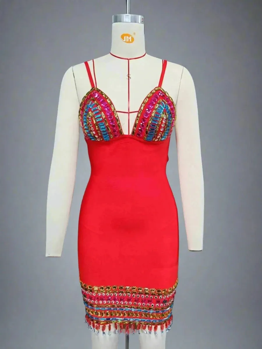 Trend4us Women's Glamorous Beaded Crystal Plunge Mini Dress