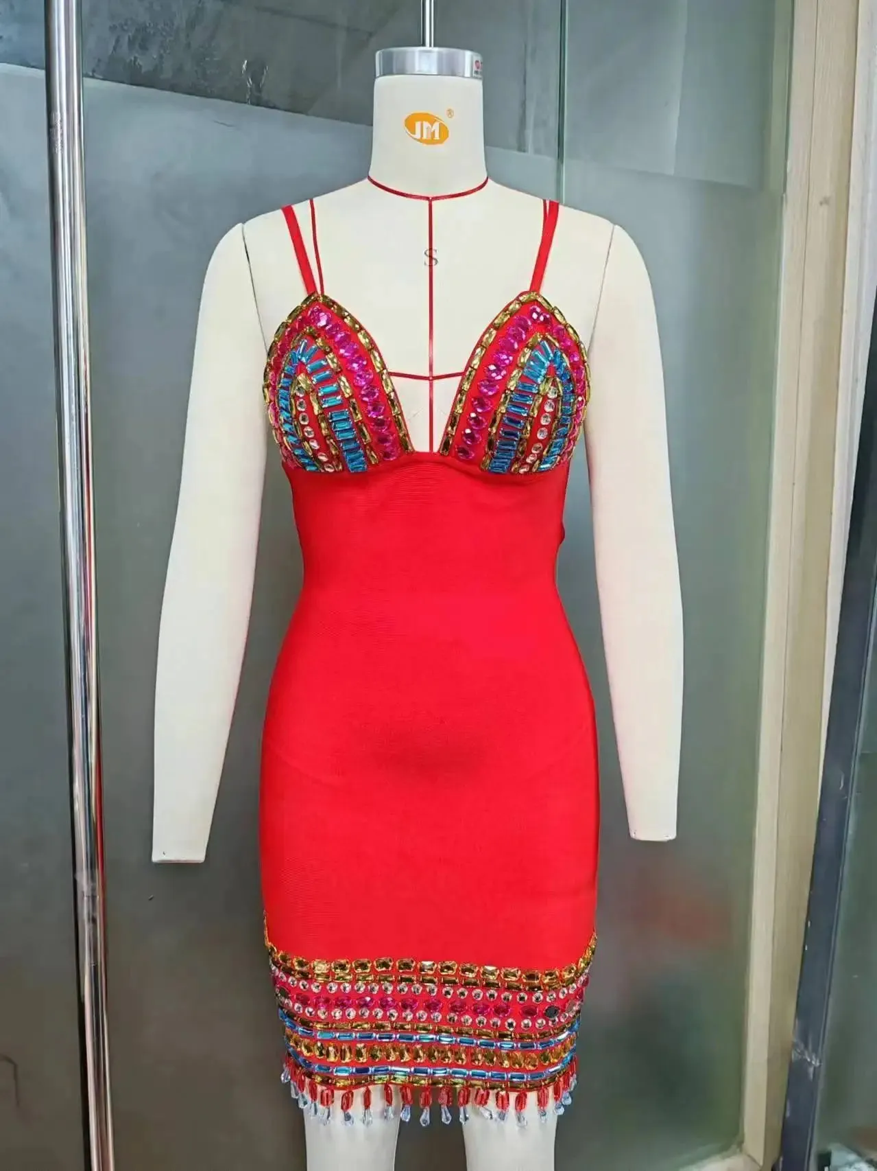Trend4us Women's Glamorous Beaded Crystal Plunge Mini Dress