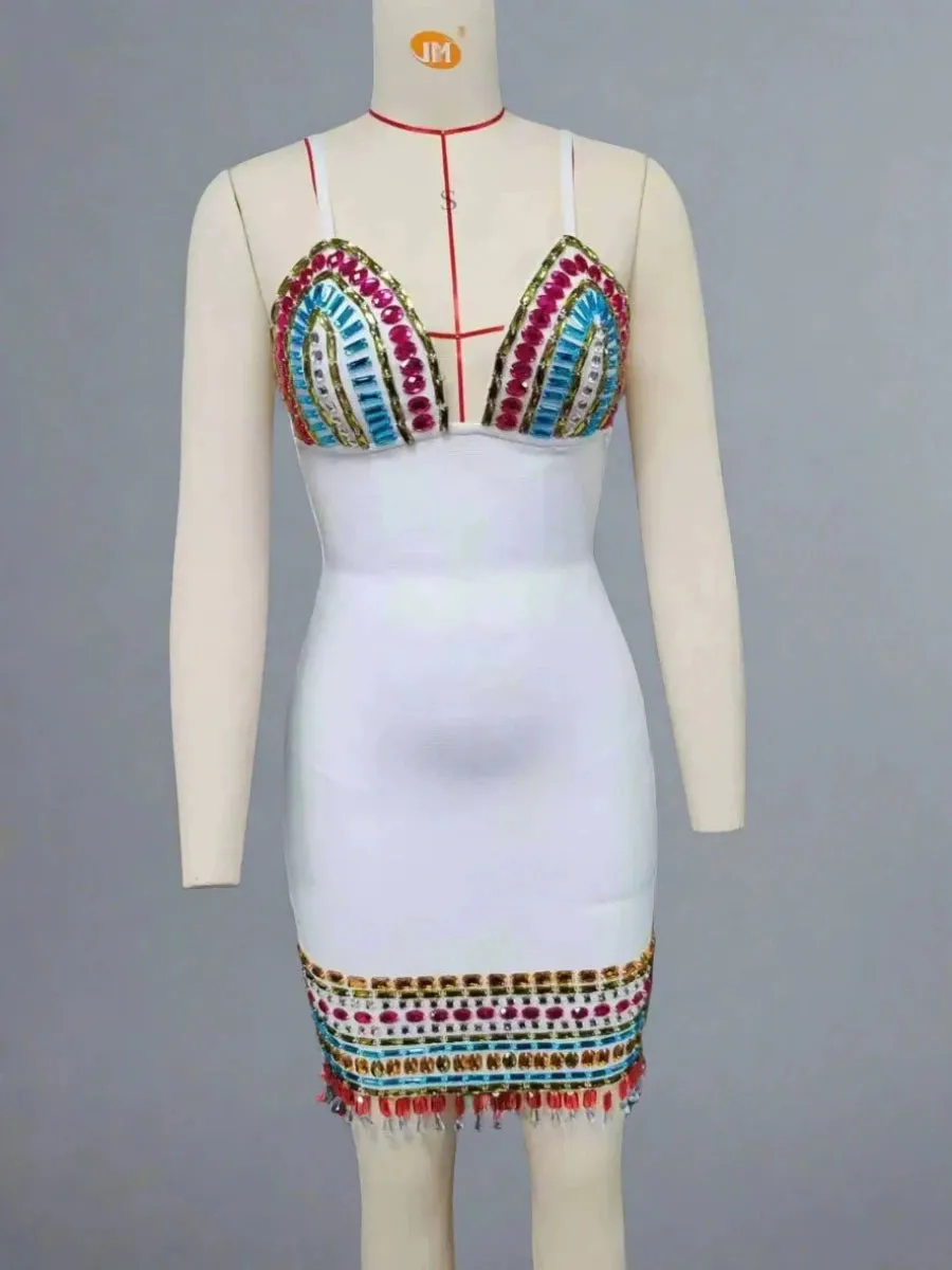 Trend4us Women's Glamorous Beaded Crystal Plunge Mini Dress