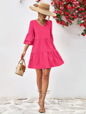 V-Neck Flare Sleeve Dress