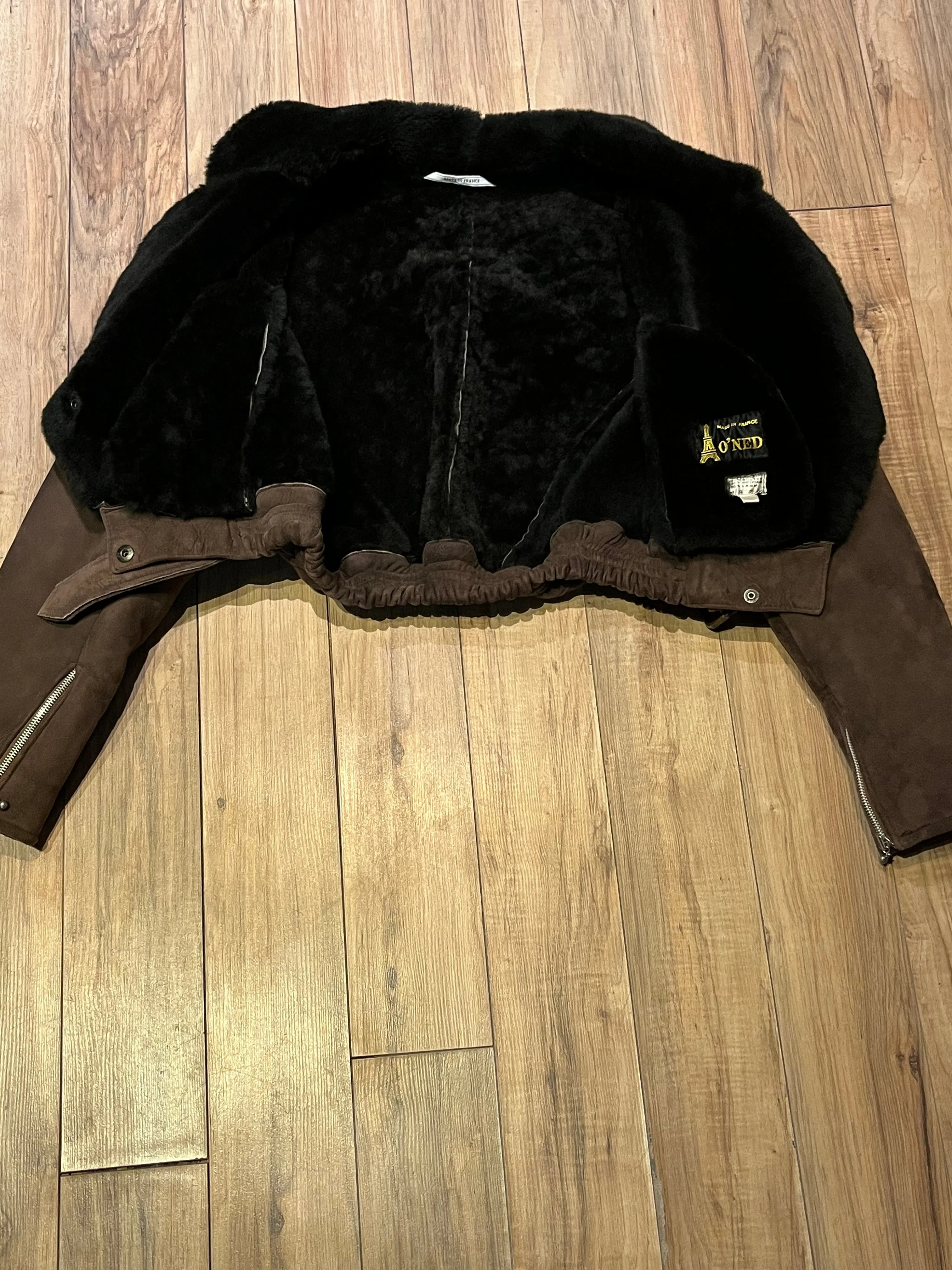 Vintage O’Ned Brown Shearling Cropped Pilot Jacket, Made in France, Chest 40"