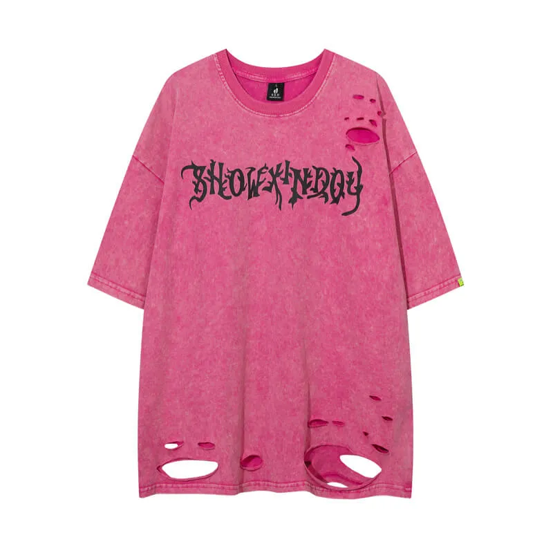 Vintage Washed Skeleton Wings Print Ripped T-shirt
