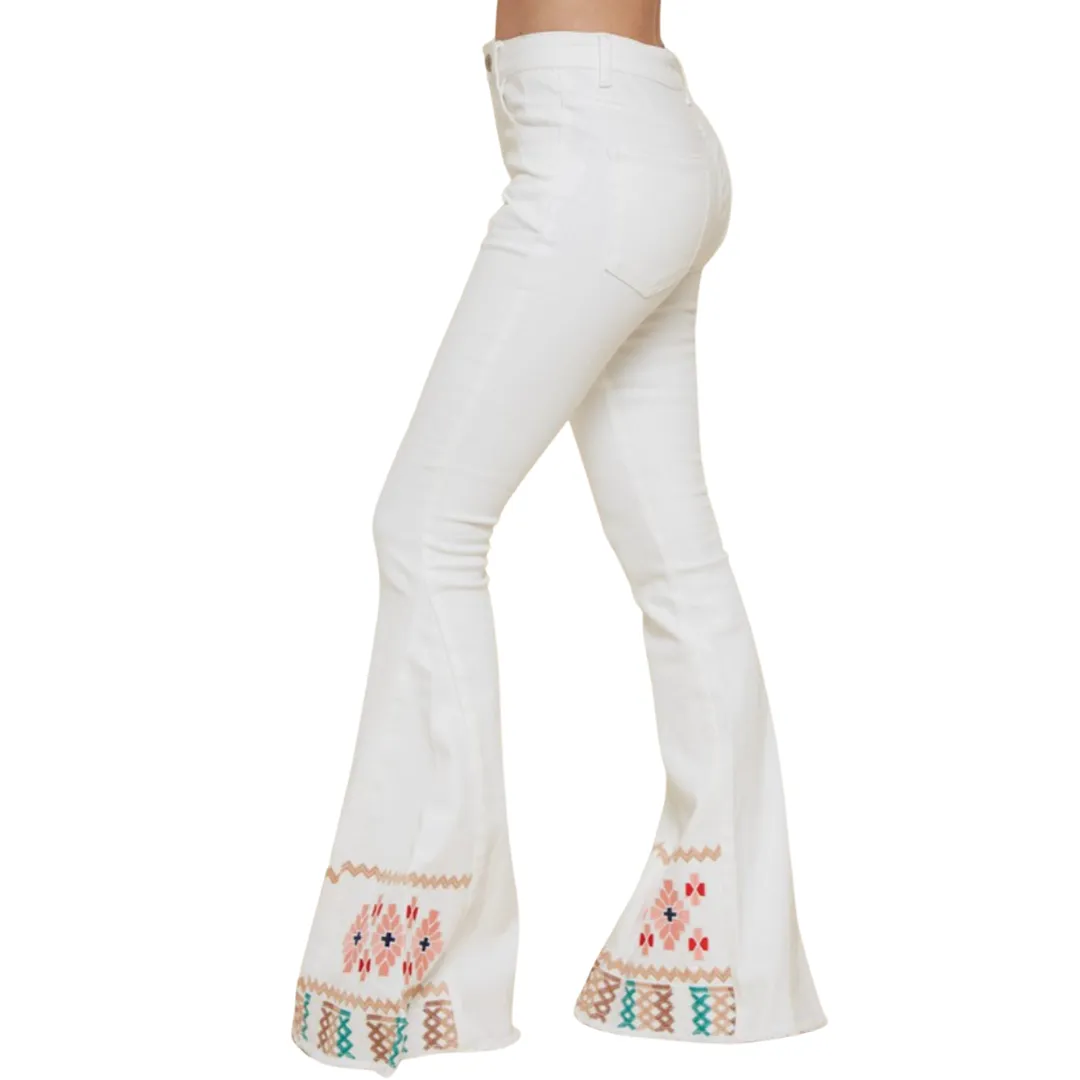White Embroidered Flare Jeans