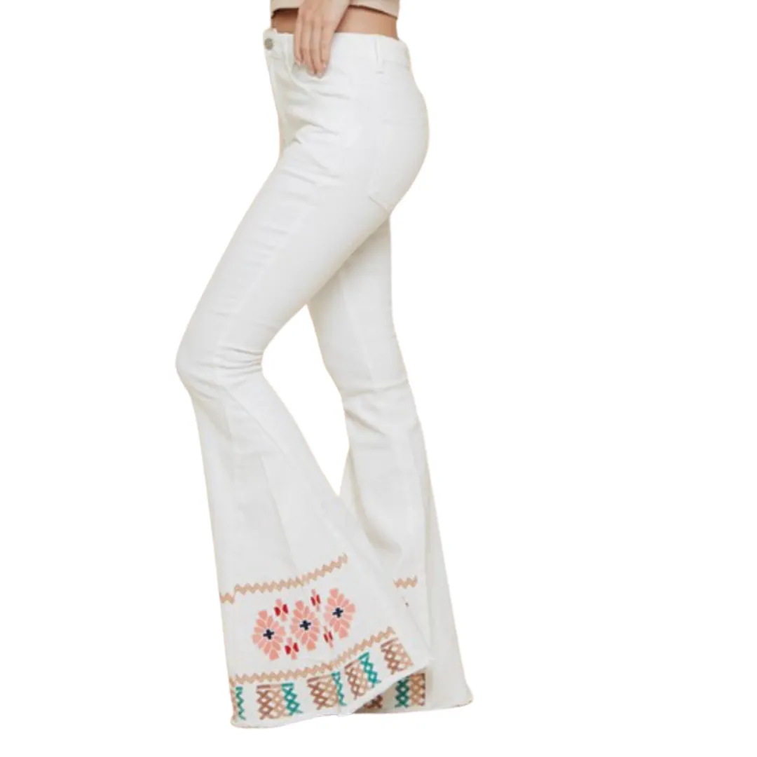 White Embroidered Flare Jeans