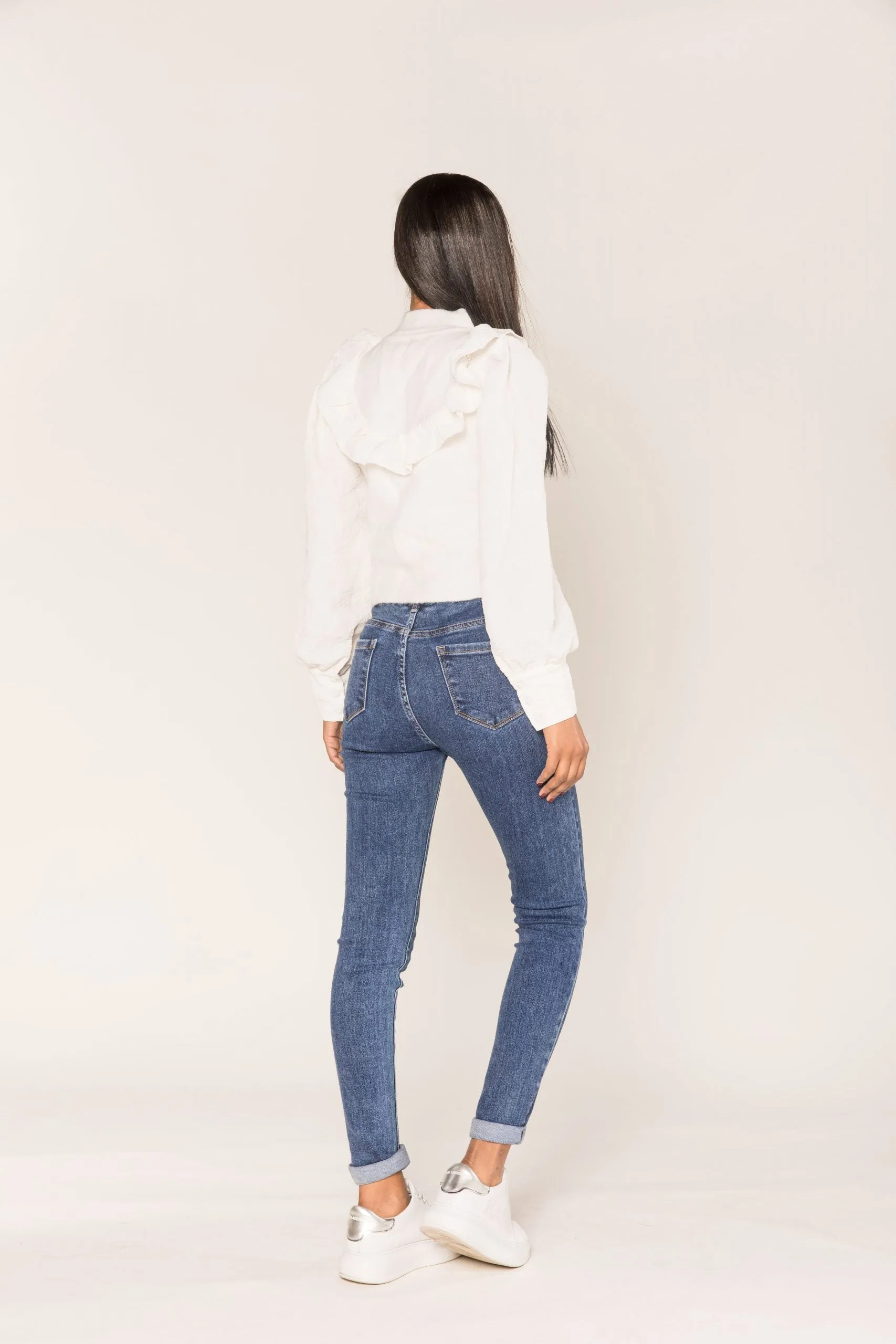 Wholesale Dark Blue Skinny High Waist Jeans with Turn-Up Legs