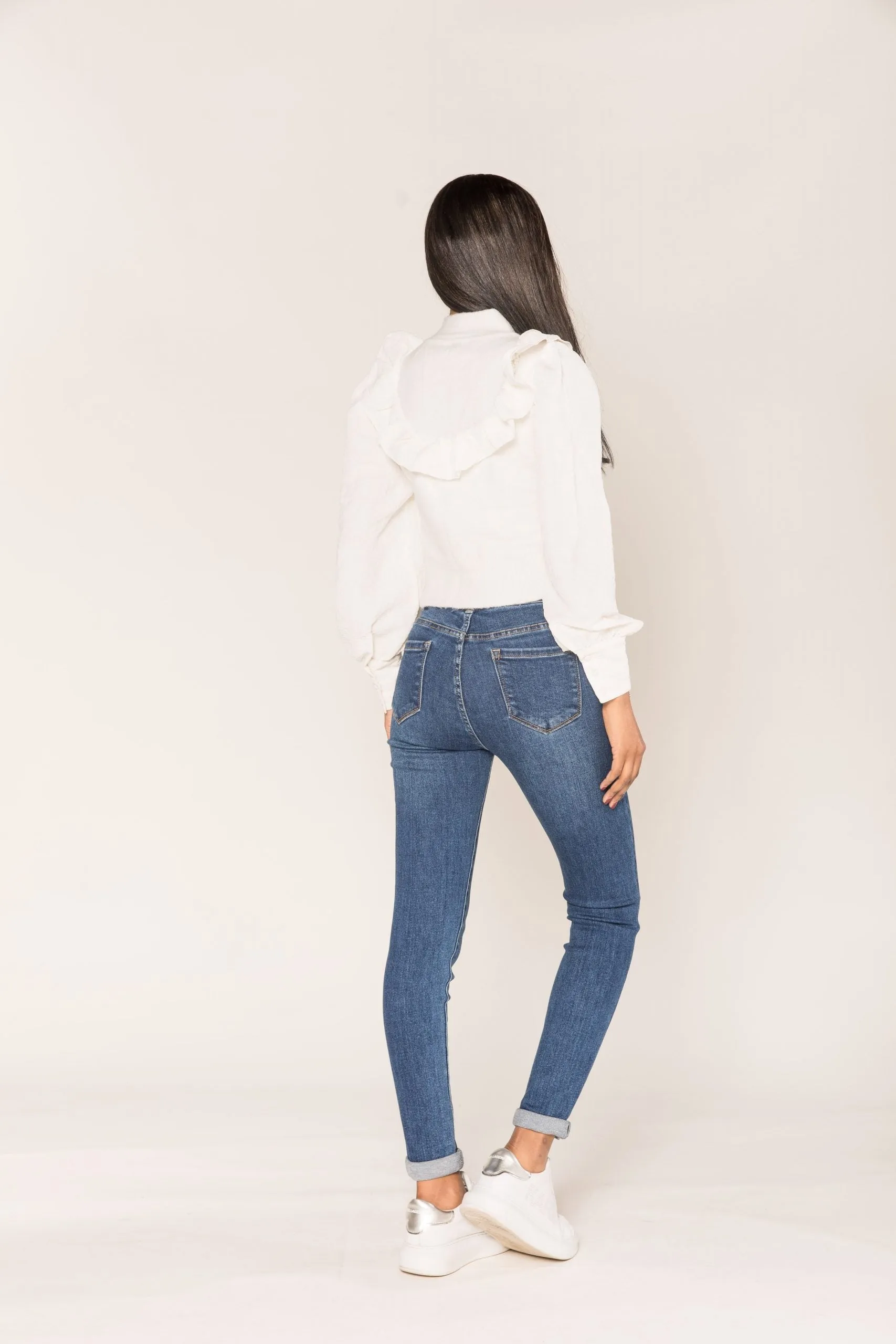 Wholesale Medium Blue Skinny High Waist Jeans with Turn-Up Legs