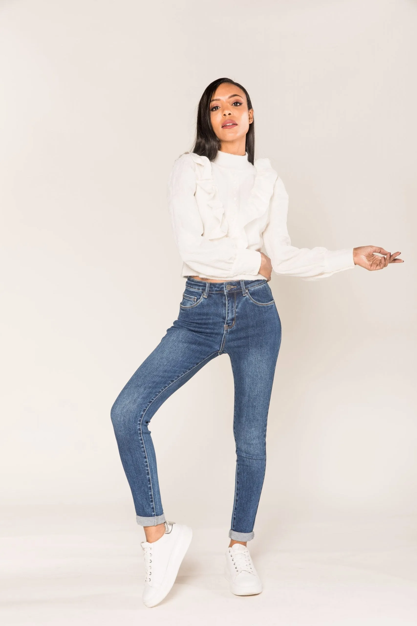 Wholesale Medium Blue Skinny High Waist Jeans with Turn-Up Legs