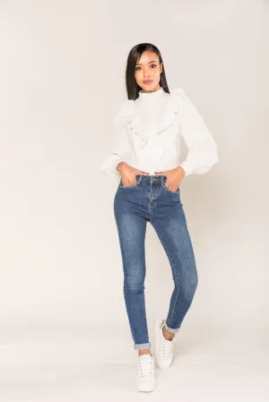 Wholesale Medium Blue Skinny High Waist Jeans with Turn-Up Legs