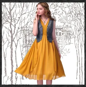 Women 2018 Summer Dress Queen Vintage Vest V-Neck Sleeveless Patchwork Ruffles Dresses