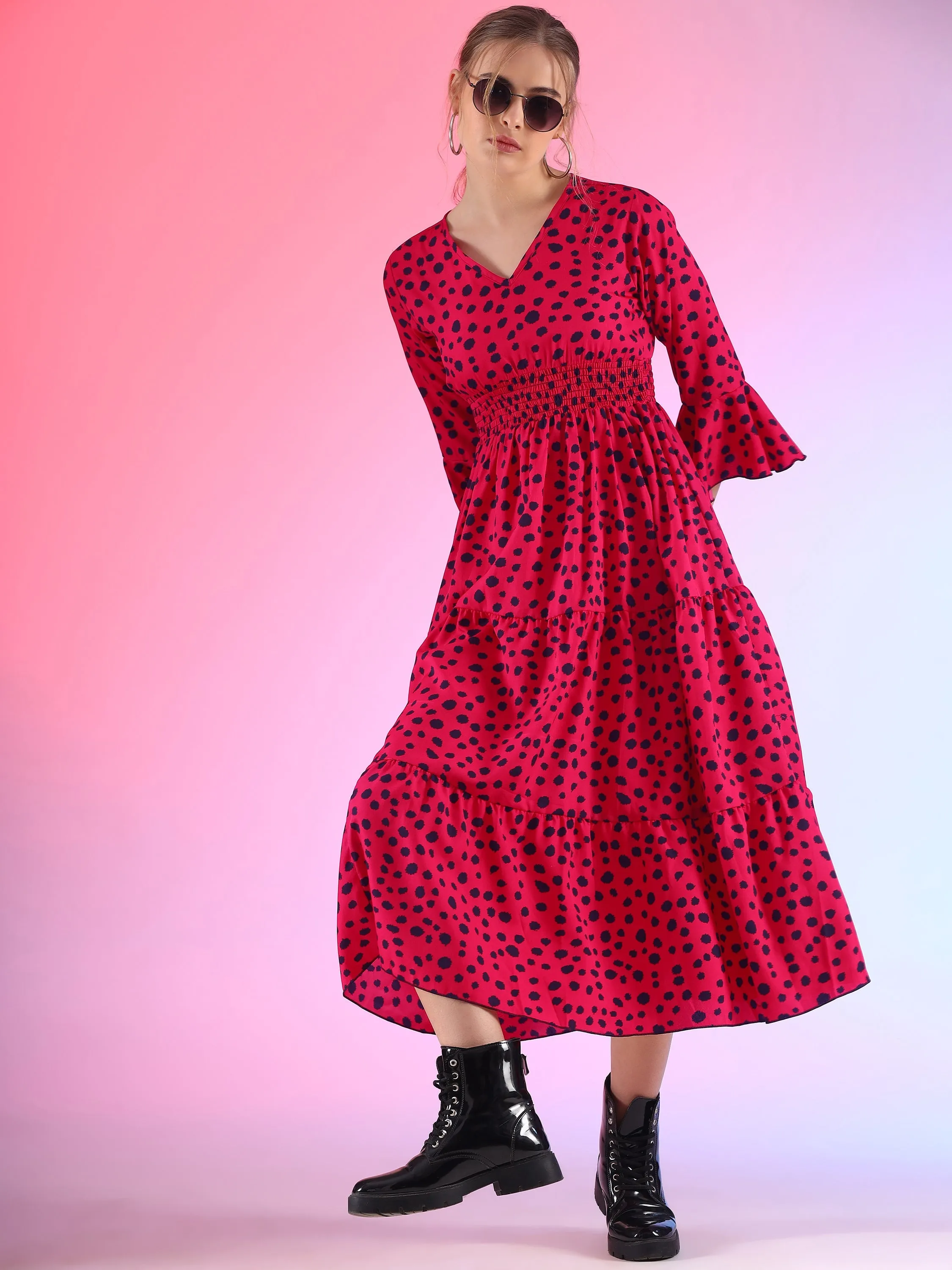 Women Printed V-Neck Flare Sleeve A-line Midi Dress